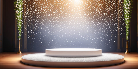 Festive Winter Display Podium with Snowfall and Garland