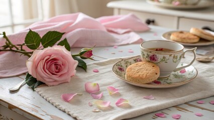 Elegant Tea Setup with Rose and Cookies on a Rustic Table