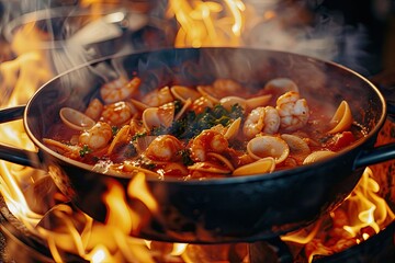 Premium Quality Picture of Boiling Pot of Seafood Pasta Over Flames