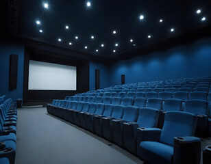 Naklejka premium Empty of cinema in blue color with white blank screen. Mockup of hall, auditorium. Empty of cinema in blue color with white blank screen. 