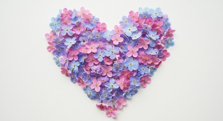 優しい光に包まれた 淡いピンクと青の花びらのハート. AI Generated