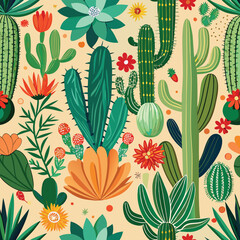 Vibrant cactus and succulent seamless pattern