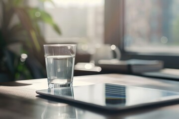 Sharp Image of Tablet and Glass of Water on Office Desk