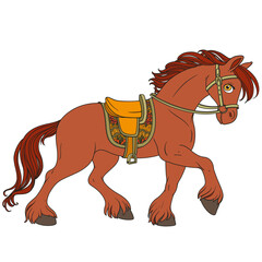 Cute cartoon red horse harnessed in a harness runs forward on a white background