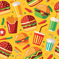 Fast food seamless pattern with burgers fries and drinks