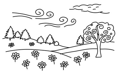Hand Drawn Strange Landscape Outline With Trees Flowers And Wind For Coloring Books Or Design
