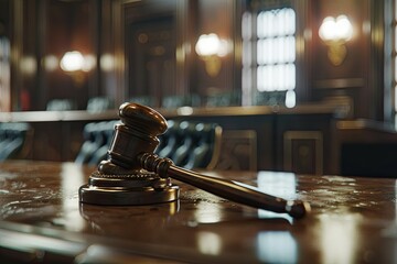 High Resolution of Legal Judgment Gavel Hammer in Courtroom for Legal Proceedings