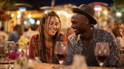 Young black couple in casual wear smiling and enjoying dinner together in a cozy restaurant   - Powered by Adobe