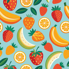 Vibrant seamless pattern of summer fruits bananas strawberries oranges