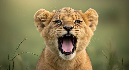 可愛いライオンの子 柔らかな光 草原で咆哮 野生動物 自然 