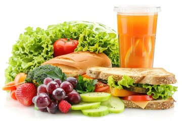 Healthy school lunch Sandwich, vegetables ,fruit and juice isolated on white background
