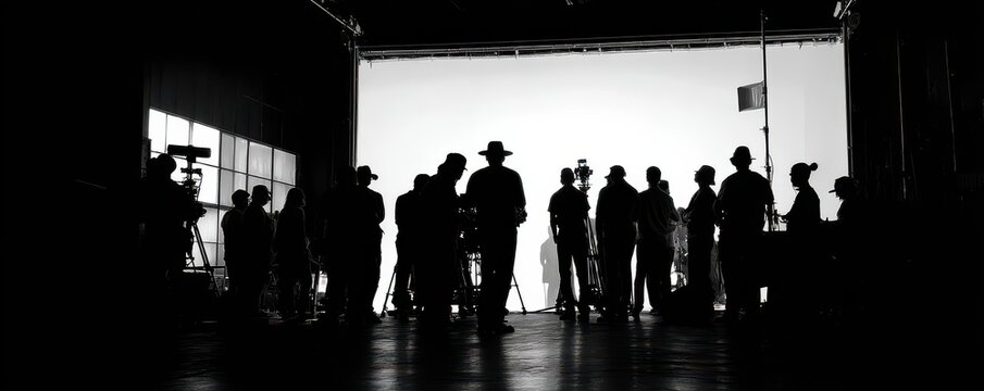 Silhouette of Film Crew in Photography Studio Preparing for Shoot with Equipment and Lights Against White Background
