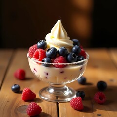 vanilla frozen yogurt with blueberries and raspberries in a glass cup, sitting on a textured wooden table with cozy ambient lighting behind