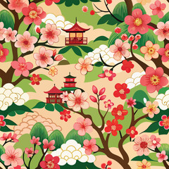 Japanese cherry blossom garden seamless pattern