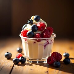 vanilla frozen yogurt with blueberries and raspberries in a glass cup, sitting on a textured wooden table with cozy ambient lighting behind