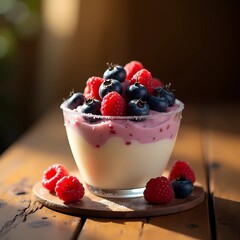 vanilla frozen yogurt with blueberries and raspberries in a glass cup, sitting on a textured wooden table with cozy ambient lighting behind