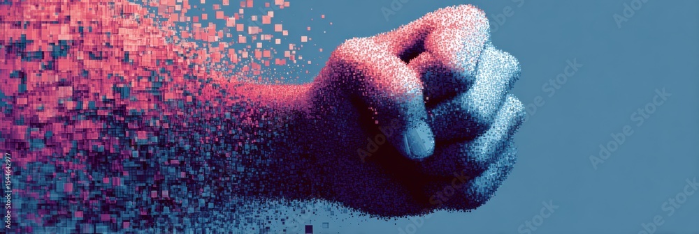 Poster Clenched Fist Dissolving Into Colorful Pixels Against a Soft Gradient Background With Dynamic Hues