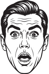 Shocked Man Face Illustration – Vintage Retro Pop Art Style Surprised Male Expression in Black and White Comic Ink Drawing