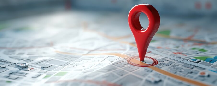 Bright red location marker on a detailed city map, symbolizing navigation, travel, and exploration in the digital age with vibrant street details