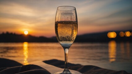 Obraz premium Two Champagne Glasses Clinking at Sunset with Bokeh LightsTwo Champagne Glasses Clinking at Sunset with Bokeh LightsTwo Champagne Glasses Clinking at Sunset with Bokeh Lights