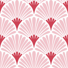 Hand drawn seamless pattern with semi-circular fan shapes abstract flowers in a marine style, scalloped pink and red floral elements on white background. Ideal for textiles, wallpapers, and interior 