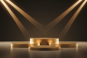 Four empty round gold podiums are displaying products on a dark background with dramatic lighting