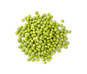 Pile of fresh green peas isolated on white, top view
