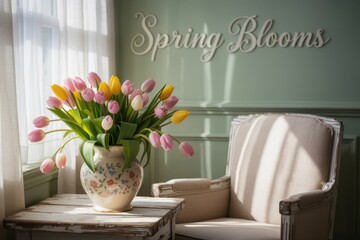 A photograph showcasing a cozy spring interior scene featuring a vase filled with vibrant tulips