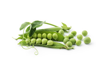 Fresh green peas in pods and sprout isolated on white