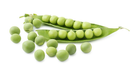 Fresh green peas in pods isolated on white