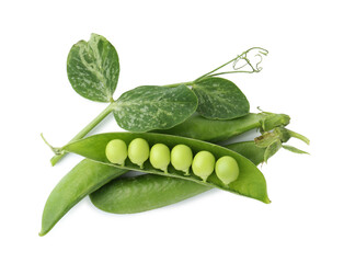 Fresh green peas in pods isolated and sprout on white, top view