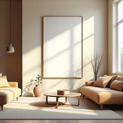 Modern Living Room Frame Mockup – ISO A Paper Size Poster on Wall, Interior Scene with Home Background, 3D Render for Art & Print Display