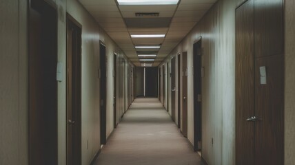 Deserted office corridor walk way with closed doors and muted colors, suggesting the isolation and mental strain experienced.