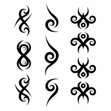Create a set of vector icons depicting traditional Borneo tribal tattoos, showcasing diverse designs and styles.  Include variations in line weight and detail.