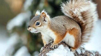 Obraz premium Squirrel Perched On Snowy Branch In Winter Forest. Wildlife In Natural Habitat During Cold Season