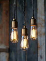high resolution visual of vintage light bulbs on string wire in twilight outdoors