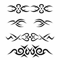 Design a tribal icon set depicting contrasting themes of chaos and order, featuring symbolic imagery of both balanced and unbalanced elements.