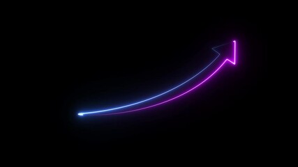 Upward arrow icon animation. neon business graph cart on black background.