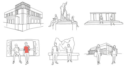 Minimalist black-and-white vector illustration set featuring modern architectural structures with human figures