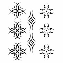 Design a set of tribal-style icons representing death, incorporating symbolic markings and patterns.  Focus on bold, dark aesthetics.