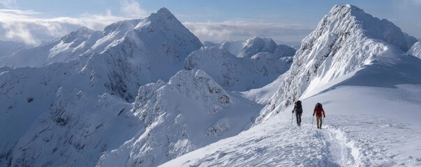 Adventurers Trekking Through Snowy Mountain Landscape Under Clear Blue Sky with Majestic Peaks and Dramatic White Terrain in Winter Season