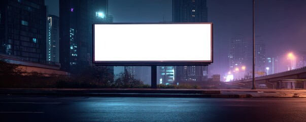 Blank Billboard at Night in Urban Environment with Skyscrapers, Streetlights, and Reflections on Wet Pavement in a Breathtaking City Scene