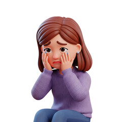 3d illustration of a young woman feeling anxious and worried with face in hands on transparent background.