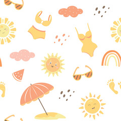 swimsuit, beach, sea, summer, palm trees, rainbows, sun. Vector summer pattern in pastel colors on a white background in flat style. Vector illustration on the theme of rest and travel