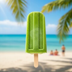  A single bright green matcha popsicle, presented against a blurred background of a sunny beach scene