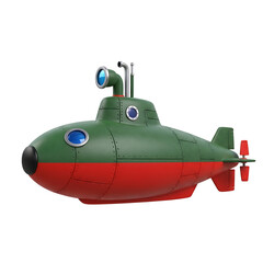 A detailed 3d model of a green and red submarine with portholes and propeller on a transparent background.