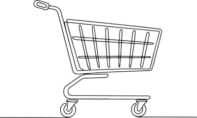 continuous line drawing of a shopping cart with wire basket and wheels in side profile view