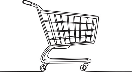 continuous line drawing of a shopping cart with wire basket and wheels in side profile view
