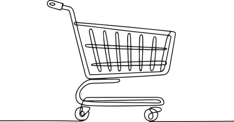 continuous line drawing of a shopping cart with wire basket and wheels in side profile view