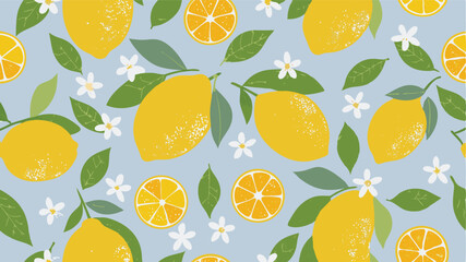Pattern of lemons, lemon slices, green leaves, and white flowers on a light blue background design